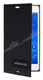 Sony Xperia Z3 Gizli Mknatsl Yan Kapakl Siyah Deri Klf
