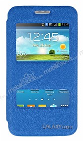 Eiroo Samsung Galaxy Core 2 Vantuzlu Pencereli Mavi Deri Klf
