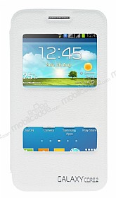 Eiroo Samsung Galaxy Core 2 Vantuzlu Pencereli Beyaz Deri Klf