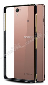 Eiroo Sony Xperia Z3 Gold izgili Round Metal Bumper ereve Siyah Klf