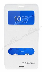 Eiroo Sony Xperia Z3 Compact Vantuzlu Pencereli Beyaz Deri Klf