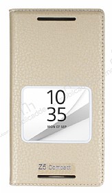Sony Xperia Z5 Compact Gizli Mknatsl ereveli Gold Deri Klf