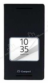 Sony Xperia Z5 Compact Gizli Mknatsl ereveli Siyah Deri Klf