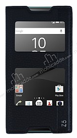 Sony Xperia Z5 Gizli Mknatsl ift Pencereli Siyah Deri Klf