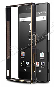 Eiroo Sony Xperia Z5 Gold izgili Metal Bumper ereve Siyah Klf