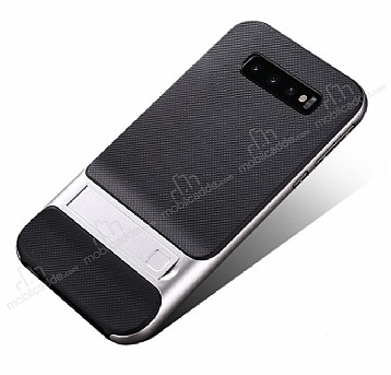 Eiroo Tiger Power Samsung Galaxy S10 Plus Standl Ultra Koruma Silver Silikon Klf