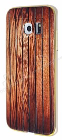 Eiroo Wooden Samsung Galaxy S6 edge Metal Kenarl Kahverengi Rubber Klf