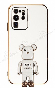 Eiroo Samsung Galaxy S20 Ultra Baby Bear Standl Beyaz Silikon Klf