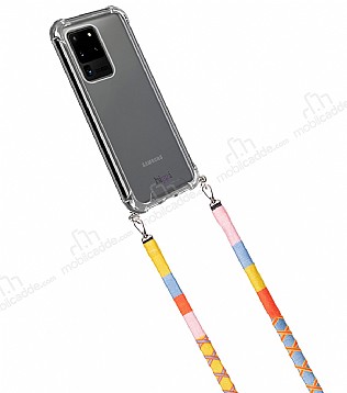 hippi Samsung Galaxy S20 Ultra Strawberry Örgü Yassı Askılı Ultra Koruma Telefon Kılıfı