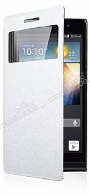 Huawei Ascend P6 Pencereli nce Yan Kapakl Standl Beyaz Klf