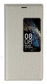 Huawei P8 Pencereli Kapakl Gold Deri Klf