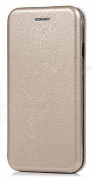 Huawei P9 Lite 2017 Curve Manyetik Kapakl Gold Deri Klf