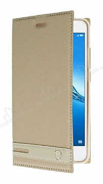 Huawei Y7 Gizli Mknatsl Yan Kapakl Gold Deri Klf