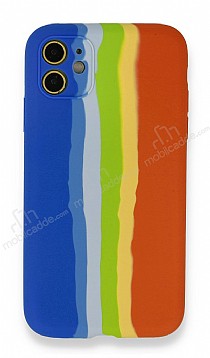 iPhone 12 6.1 in Rainbow Lansman Mavi-Turuncu Silikon Klf