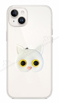 iPhone 14 Plus Kedi Figrl Telefon Tutuculu Beyaz Silikon Klf