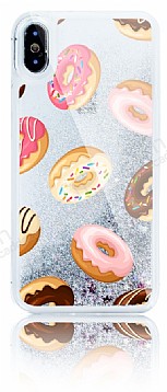 iPhone X / XS Simli Sulu Donut Resimli Silver Silikon Klf