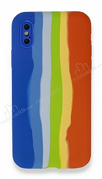 iPhone X / XS Rainbow Lansman Mavi-Turuncu Silikon Klf