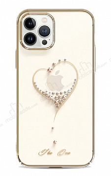 Kingxbar iPhone 13 Pro Kalp Swarovski Tal Kristal Gold Klf