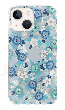 Kingxbar iPhone 13 Swarovski Taşlı Kristal Çiçekli Mavi Kılıf
