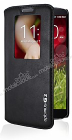 LG G2 Pencereli Standl Kapakl Siyah Deri Klf