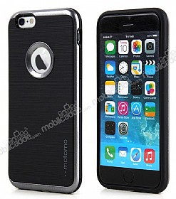 Motomo iPhone 6 Plus / 6S Plus Silver Metalik Kenarl Siyah Silikon Klf