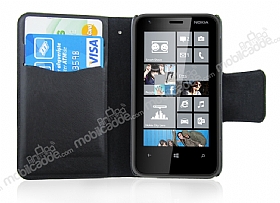 Nokia Lumia 620 nce Yan Kapakl Czdanl Siyah Deri Klf