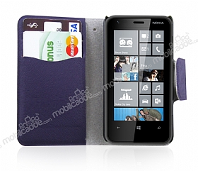 Nokia Lumia 620 nce Yan Kapakl Czdanl Mor Deri Klf