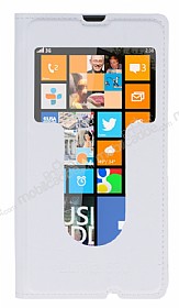 Nokia Lumia 630 Pencereli nce Yan Kapakl Beyaz Deri Klf