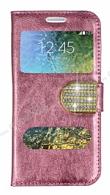 PinShang Samsung Galaxy E5 ift Pencereli Tal Standl Rugan Pembe Klf