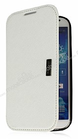 Pipilu Samsung i9500 Galaxy S4 nce Yan Kapakl Beyaz Deri Klf