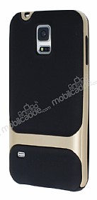 Eiroo Samsung i9600 Galaxy S5 Gold Metalik Kenarl Siyah Silikon Klf