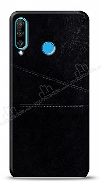 Huawei P30 Lite Silikon Kenarl Kartlkl Siyah Deri Klf