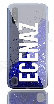 Samsung Galaxy A01 Kiiye zel Simli Sulu Mavi Rubber Klf