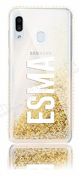 Samsung Galaxy A20 / A30 Kiiye zel Simli Sulu Gold Rubber Klf