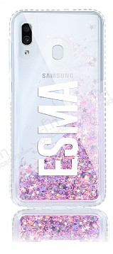 Samsung Galaxy A20 / A30 Kiiye zel Simli Sulu Mor Rubber Klf