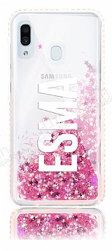 Samsung Galaxy A20 / A30 Kiiye zel Simli Sulu Pembe Rubber Klf