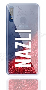 Samsung Galaxy A20 Kiiye zel Simli Sulu Krmz Rubber Klf