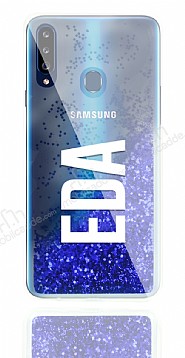 Samsung Galaxy A20S Kiiye zel Simli Sulu Mavi Rubber Klf