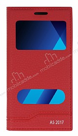 Samsung Galaxy A5 2017 Gizli Mknatsl Pencereli Krmz Deri Klf