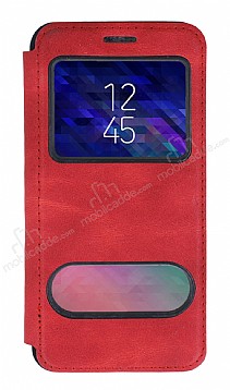 Samsung Galaxy A6 2018 ift Pencereli Kapakl Krmz Klf