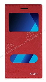 Samsung Galaxy A7 2017 Gizli Mknatsl Pencereli Krmz Deri Klf