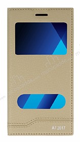 Samsung Galaxy A7 2017 Gizli Mknatsl Pencereli Gold Deri Klf