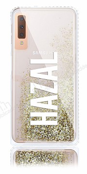Samsung Galaxy A7 2018 Kiiye zel Simli Sulu Gold Rubber Klf