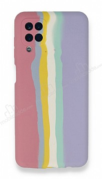 Samsung Galaxy A12 / M12 Rainbow Lansman Pembe-Mor Silikon Klf