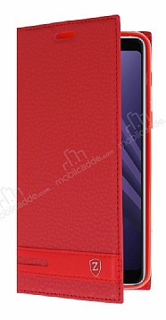 Samsung Galaxy A8 Plus 2018 Gizli Mknatsl Yan Kapakl Krmz Deri Klf