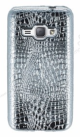 Samsung Galaxy J1 2016 Deri Desenli Parlak Silver Silikon Klf