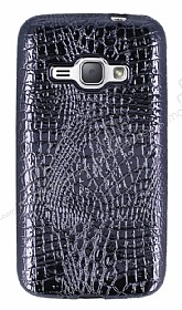 Samsung Galaxy J1 2016 Deri Desenli Parlak Siyah Silikon Klf