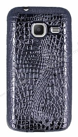 Samsung Galaxy J1 mini Deri Desenli Parlak Siyah Silikon Klf