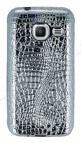 Samsung Galaxy J1 mini Deri Desenli Parlak Silver Silikon Klf