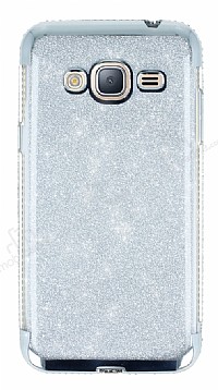 Samsung Galaxy J3 Tal Kenarl Simli Silver Silikon Klf